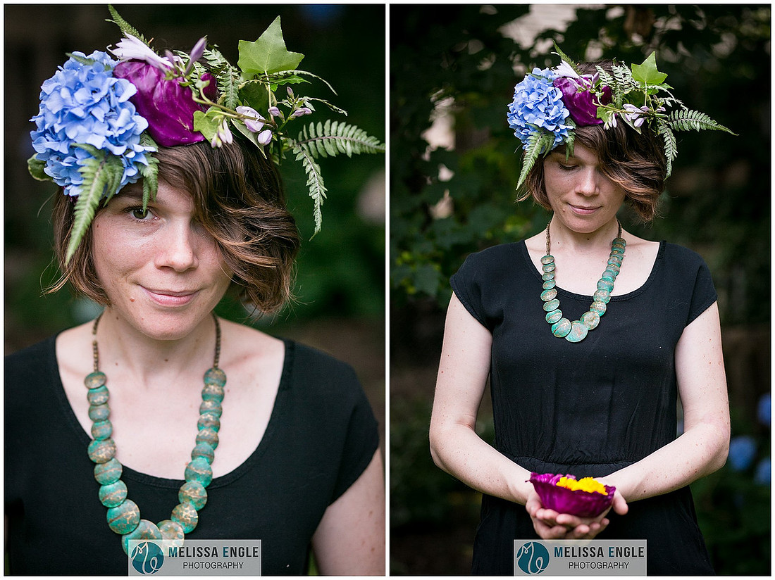 Beautiful photo of a young woman wearing a flower crown made of ferns, purple cabbage and hydrangea in Lancaster, PA.