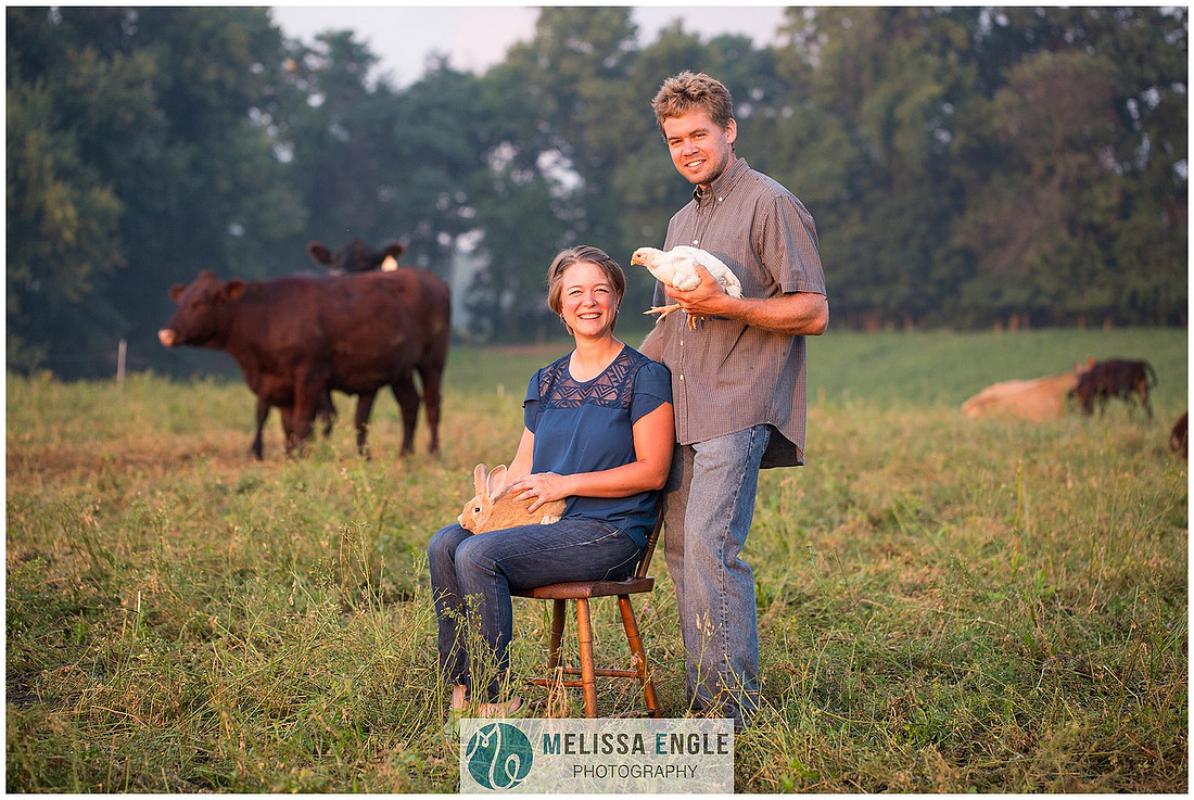 Photo of young farmer couple sitting in a field of cattle holding a rabbit and a chicken in Lancaster County, PA.