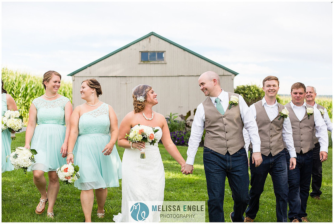 Photo of a happy bridal party at Springside Barn in East Earl, PA in the summer time.