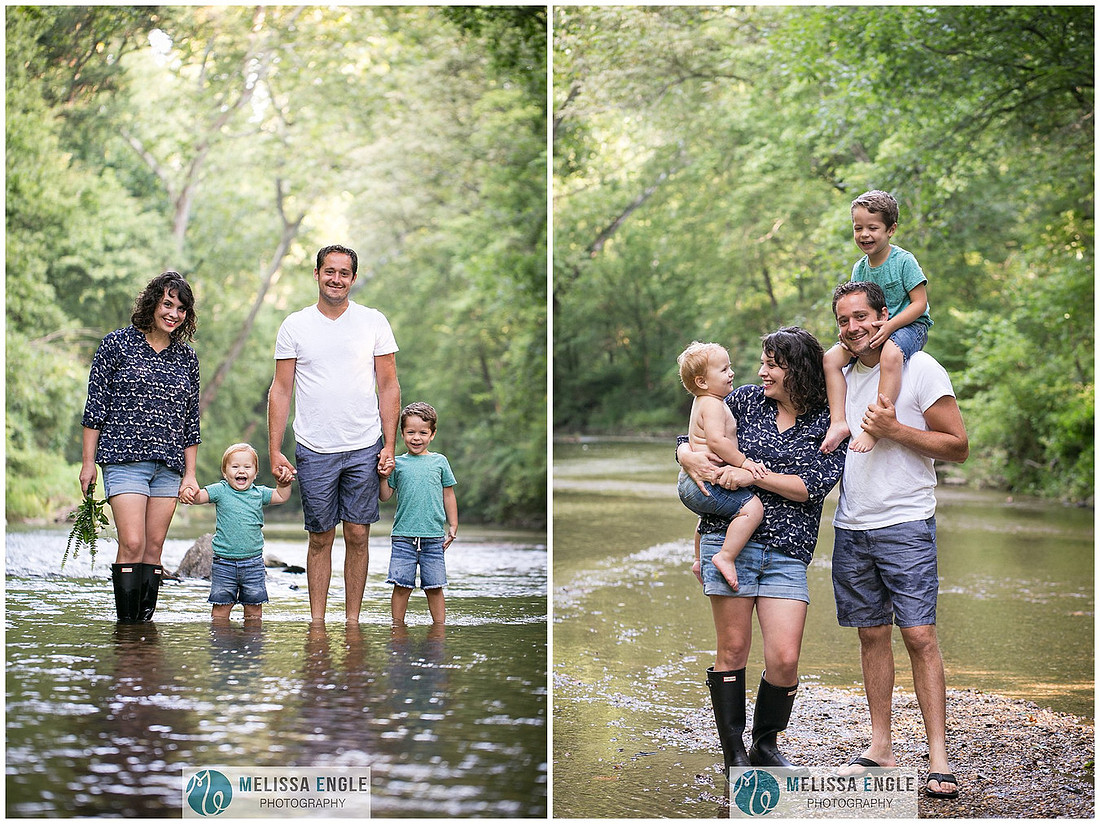 Photo of a family of four playing in a creek in Lancaster County Park.