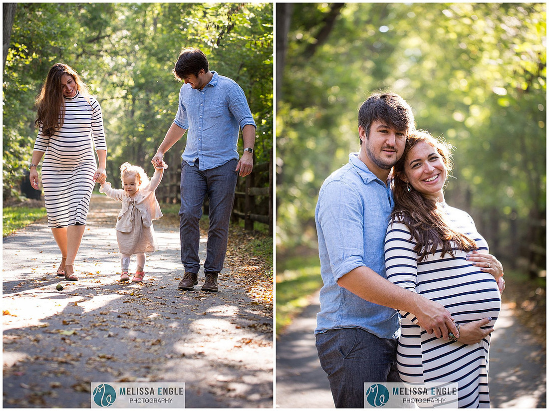 Photo of a family walking on the Lititz rail trail with a toddler in the fall.