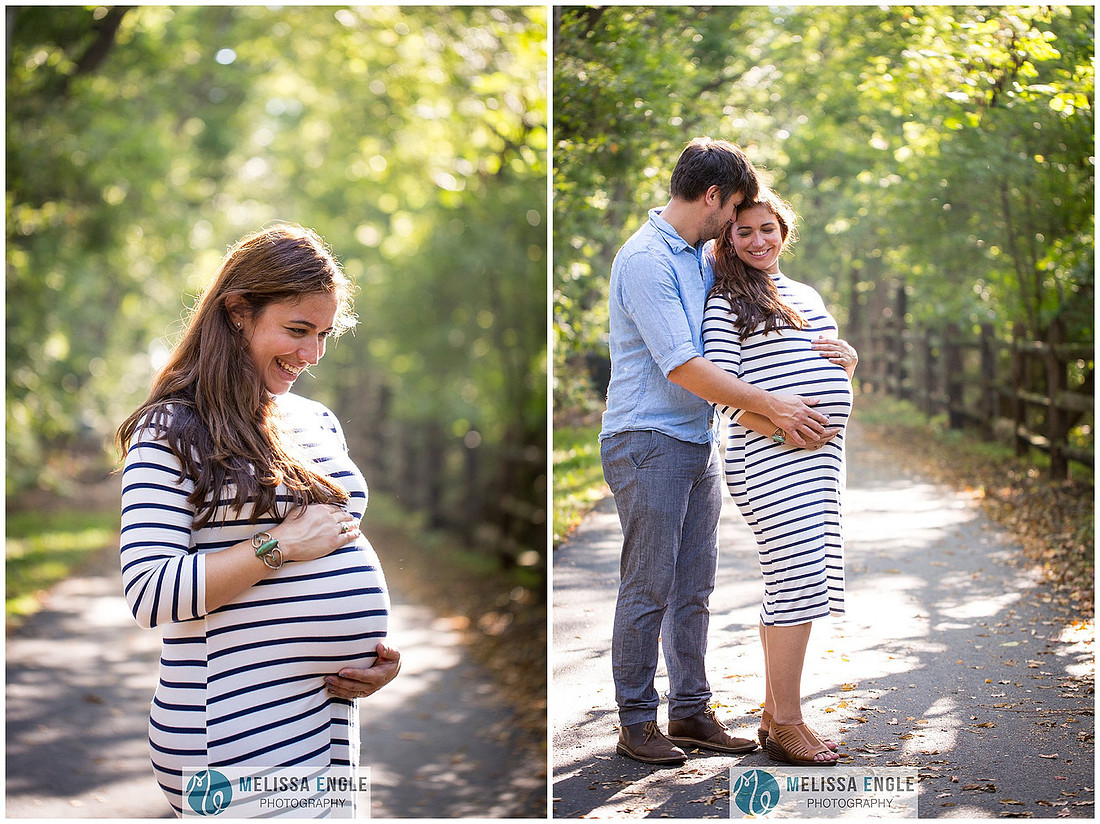 Beautiful photo of a couple standing on a path in the sunlight in Lititz, PA by Melissa Engle Photography.