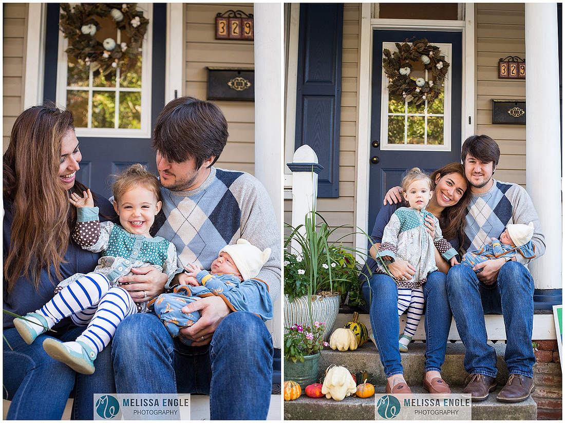 Photo of a young family of four, dad, mom, little girl and baby boy, smiling and laughing while sitting on their front porch in Lititz, Pennsylvania.